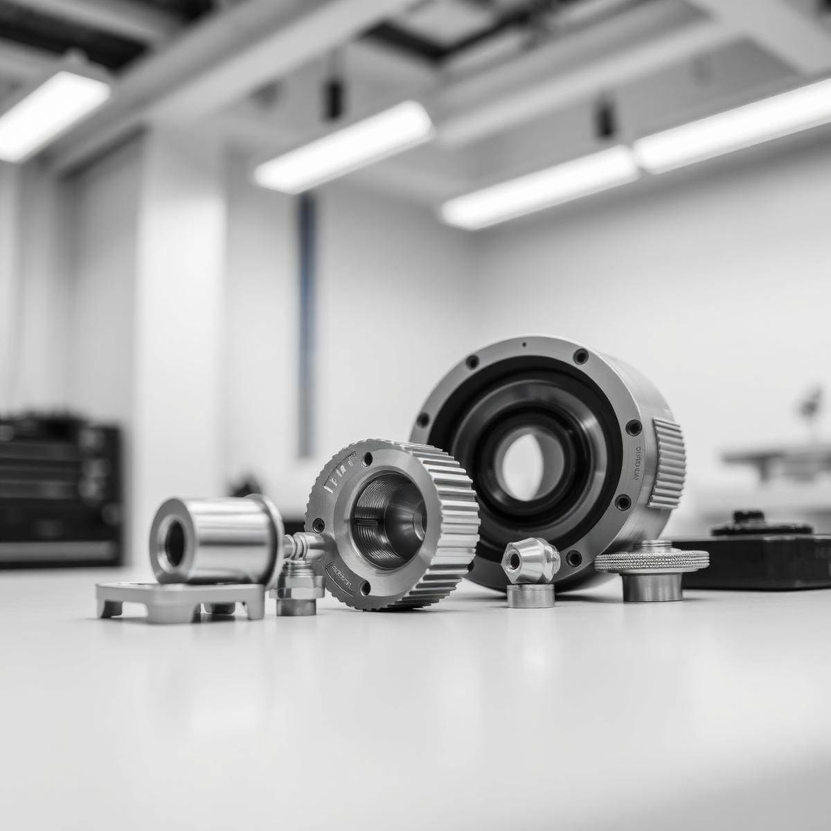 Precision machined components on a laboratory bench